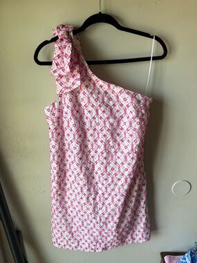 J.Crew Factory One Shoulder Bow Eyelet Mini Dress Pink White Sz 4 NWT